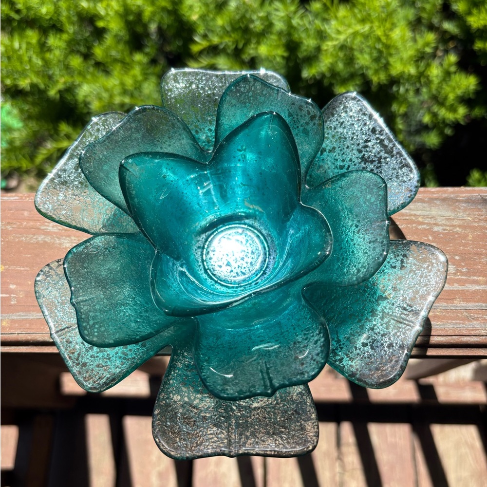 Teal Glass Flower Sculpture Home Art